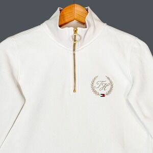 Tommy Hilfiger Women's XXS White Prep‎ School Quarter Zip Gold Laurel Crest